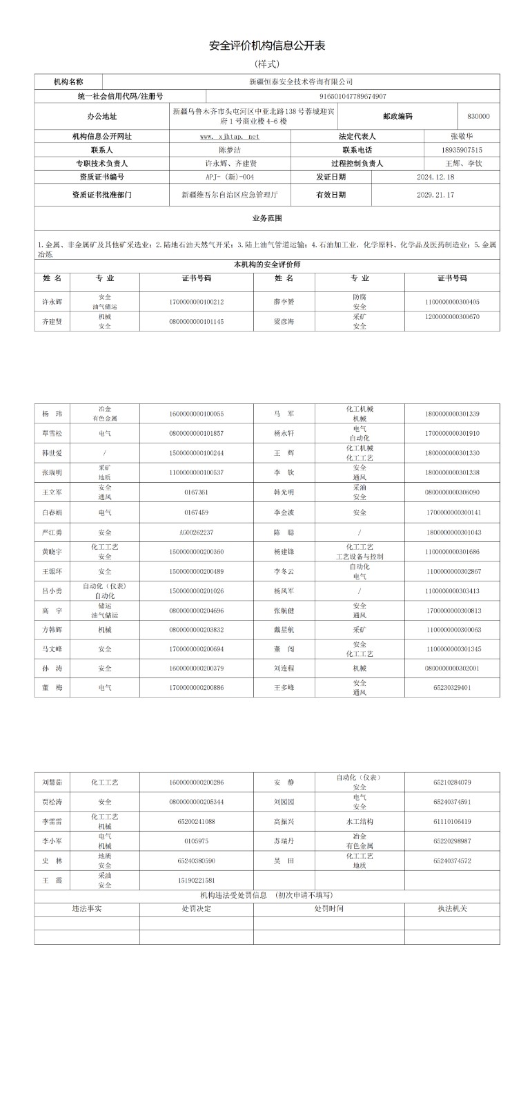 安全評價機構信息公開表